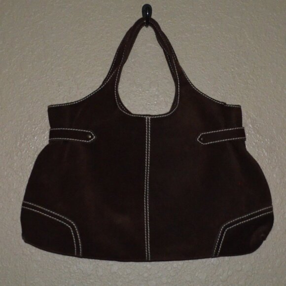 Ursula Beaugeste Dark Brown Suede Double Handle Tote Shoulder Handbag - Picture 4 of 6